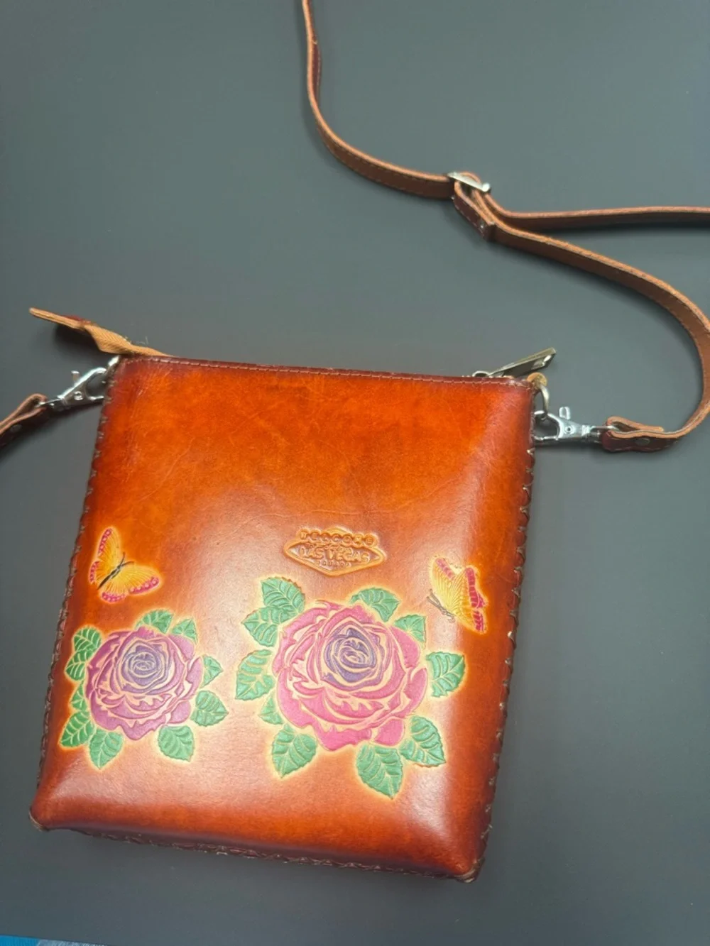 Unk Brown Leather Crossbody with Hand-Painted Floral Motif